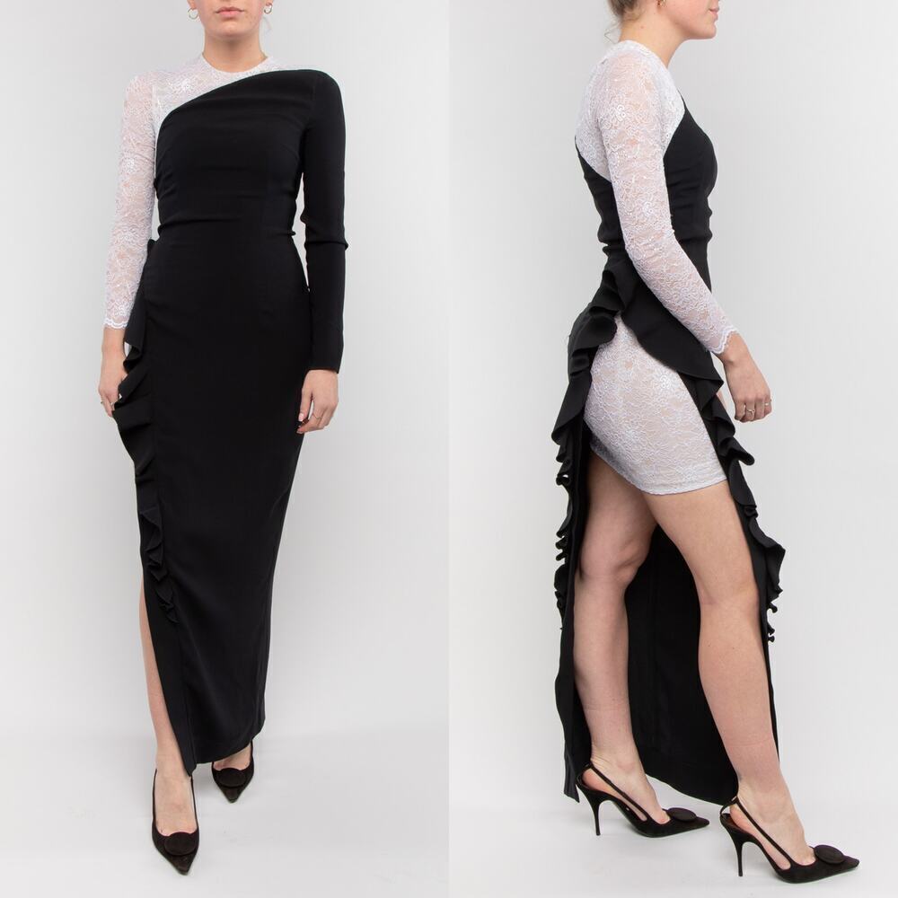 Alessandra Rich Silk and Lace Flared Hem Maxi Dress Black Size 6